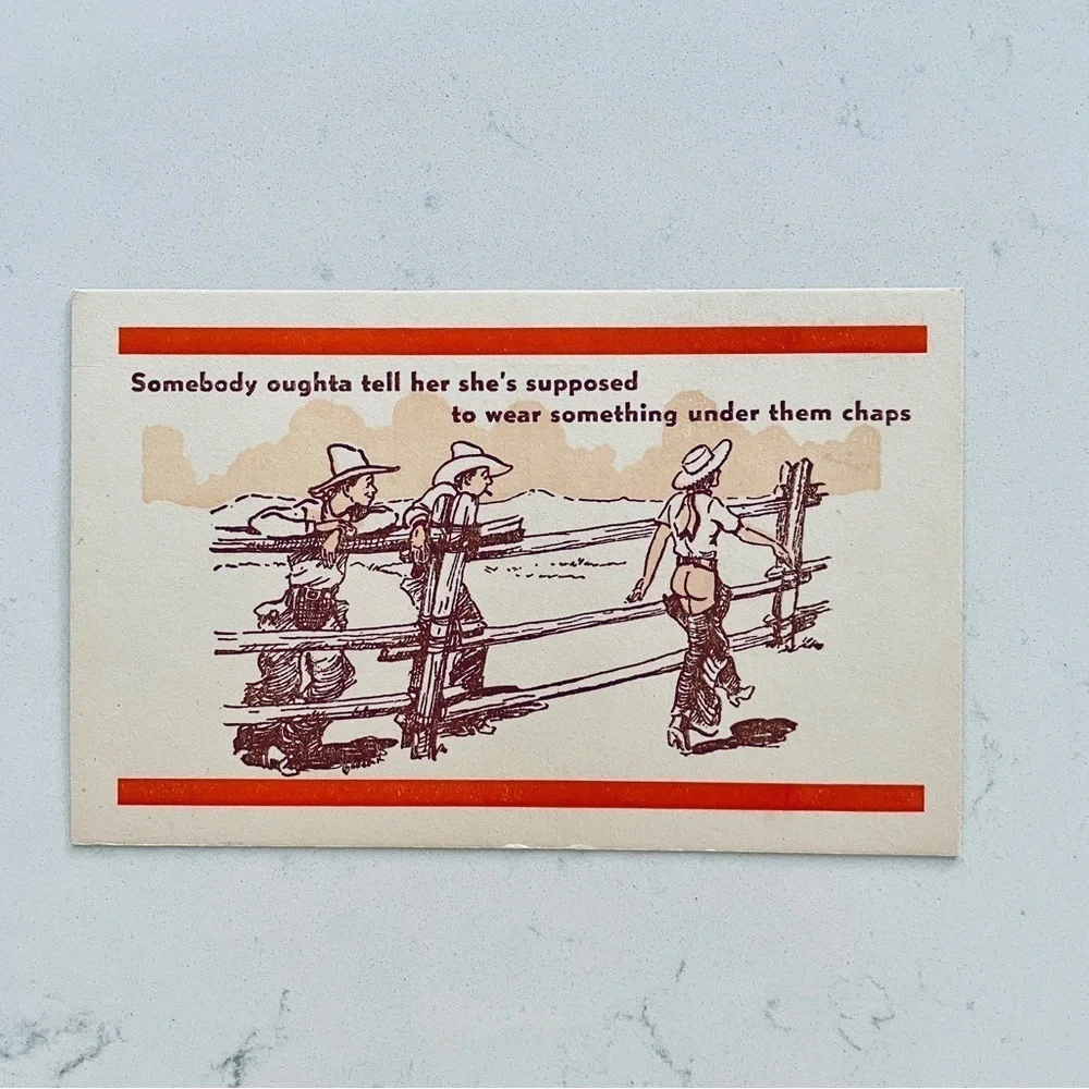 Vintage Bawdy Country Cowgirl Cowboy Chaps Postcard